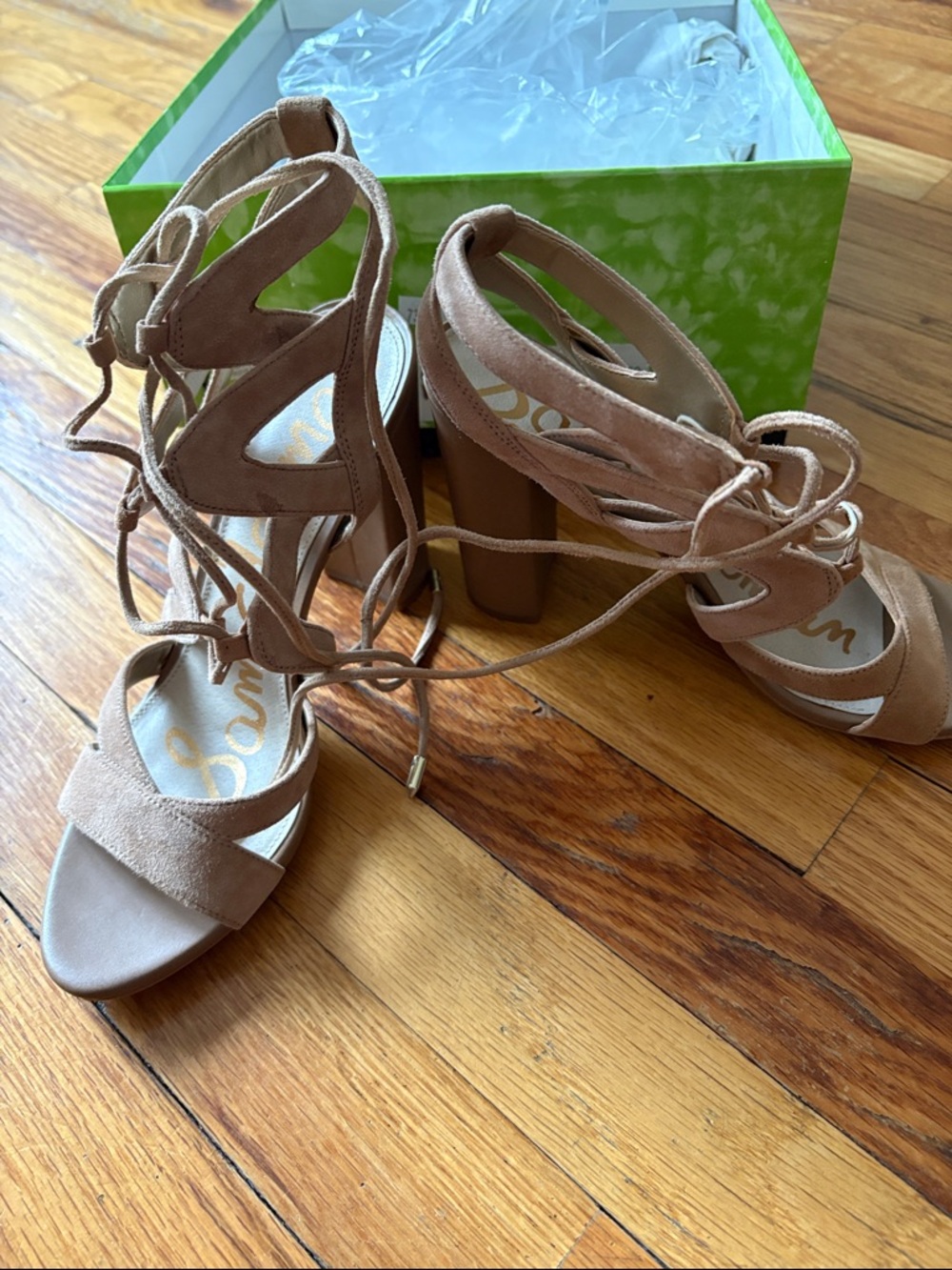 Sam Edelman Nude Tan Suede Lace-Up Block Heel Sandals